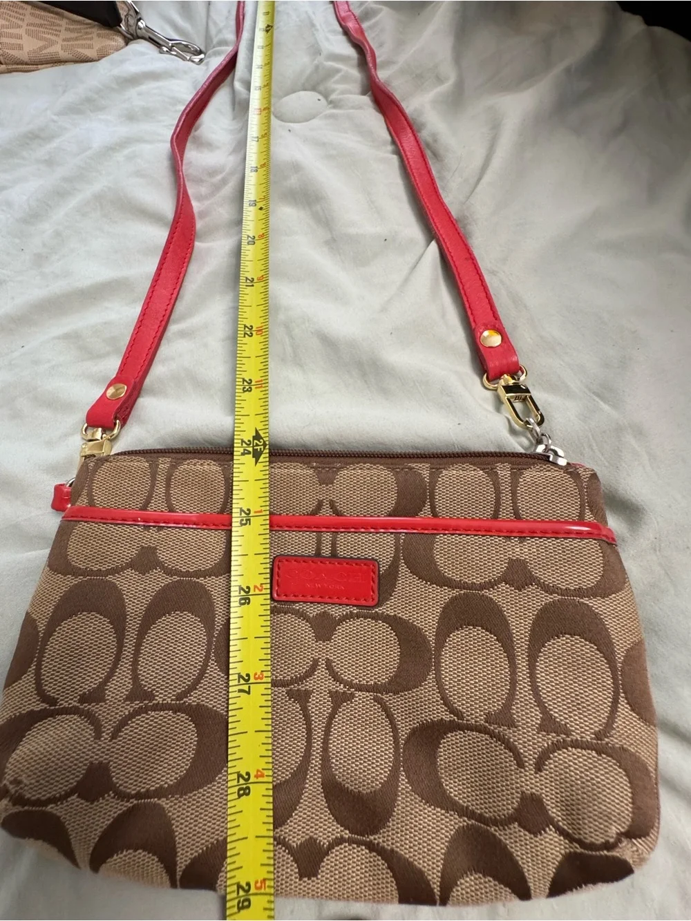 Coach Signature Jacquard Crossbody Bag with Orange Strap